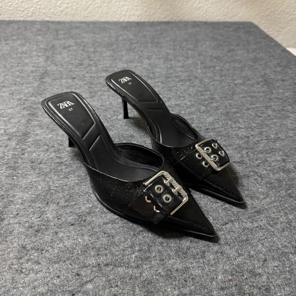 Zara Women Black Patent Buckle Pointed Toe Kitten Heel Mules Size 37